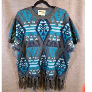 Savanna Jane Oversized Aztec Poncho Tassel Sweater Sz Med Blue Gray boho hippie